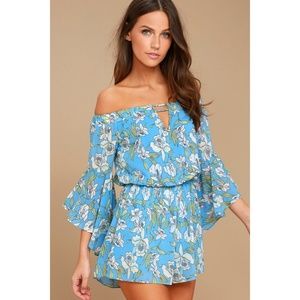 Lulus Blue Floral Print Off The Shoulder Romper